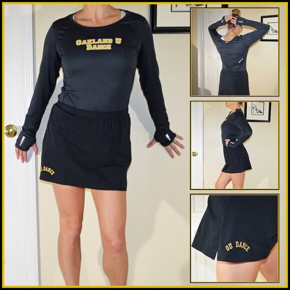 OAKLAND U (MI) PRE-LOVED BLACK / GOLD DANCE TEAM PRACTICE UNIFORM - TOP & SKORT - Picture 1 of 6